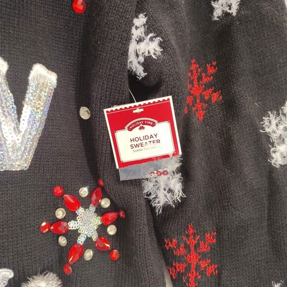 Holiday Time Embellished Black Red Snow Way Christmas Sweater XL 16-18 NWT - Picture 10 of 12